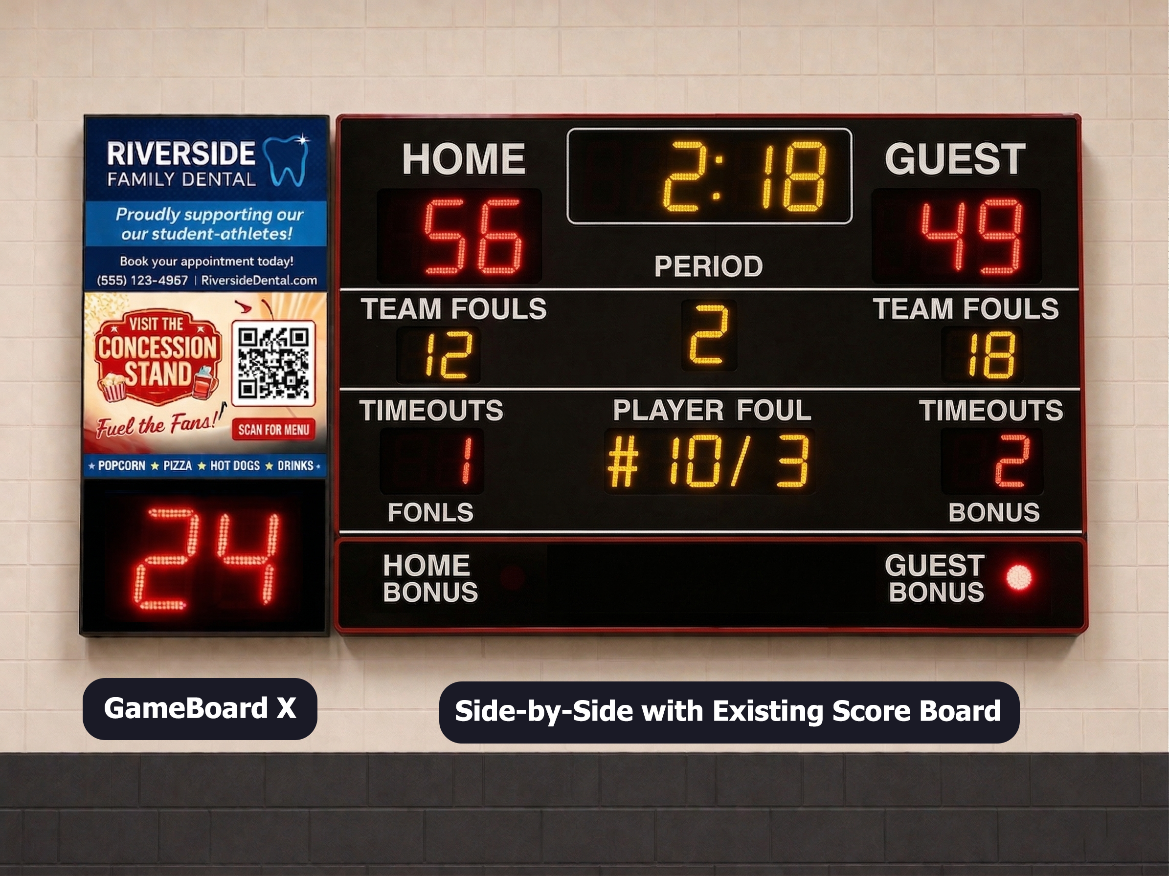 Gameboard X digital display on a gym wall