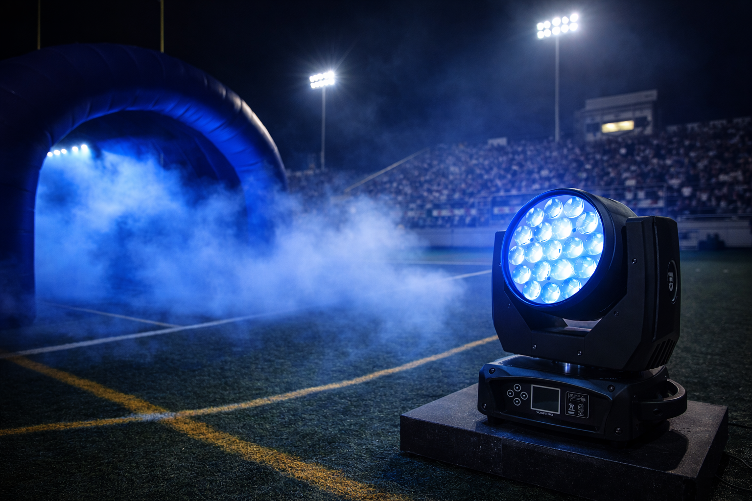 Wash zoom moving head beside a football team tunnel