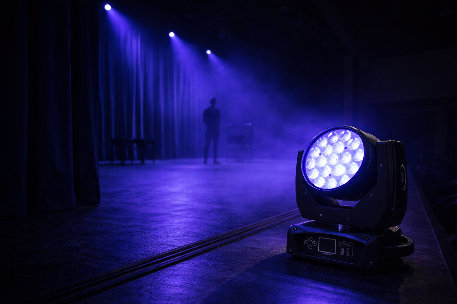 Zoom wash moving head lighting a theater stage