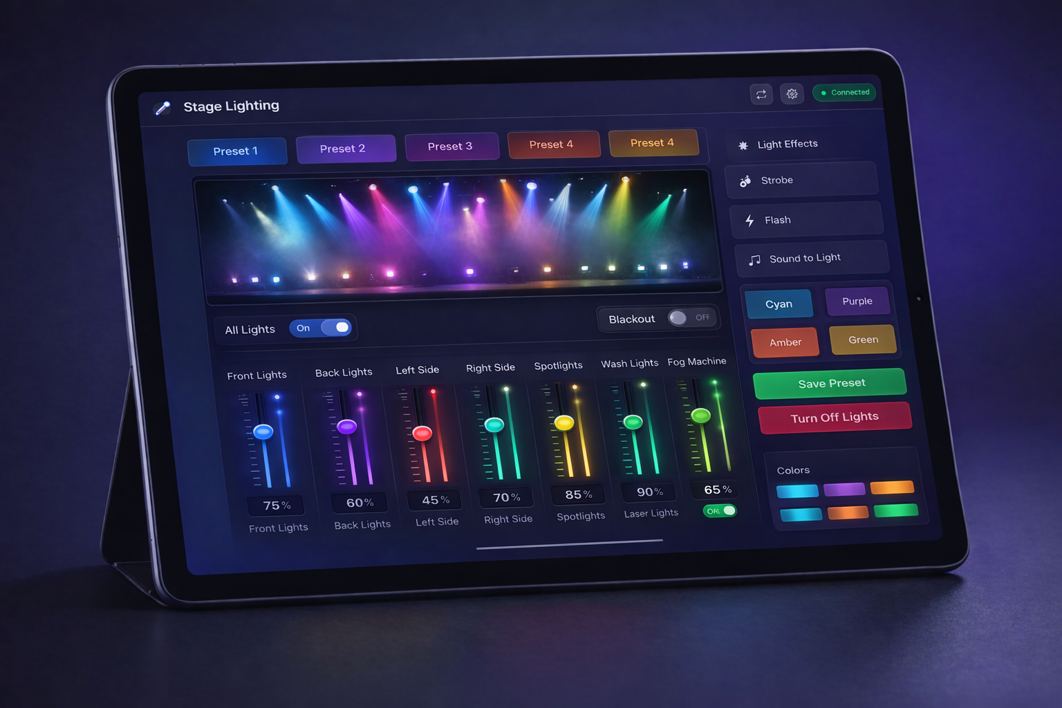 Tablet controller running the stage lighting control software